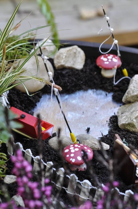 How to make fairy garden decor including a toadstool and pond from Crafts Unleashed