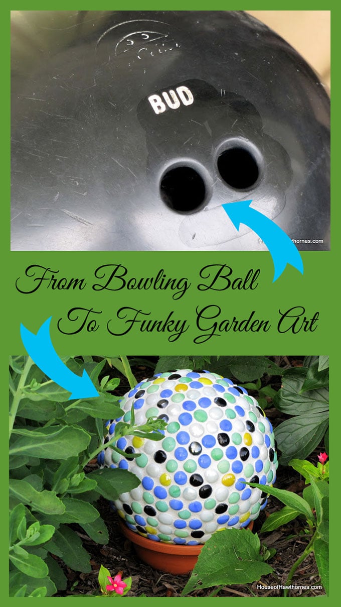 DIY yard art for your garden made from a bowling ball. Great upcycle project!