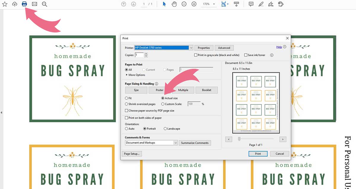 Directions to print bug spray bottle labels
