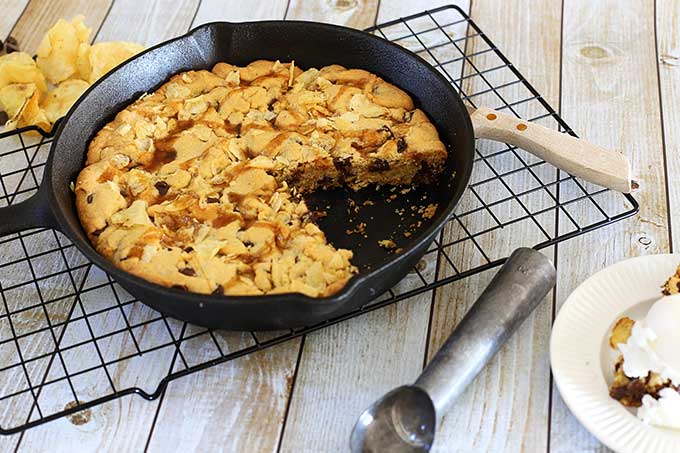 Chocolate chip skillet cookie with potato chips