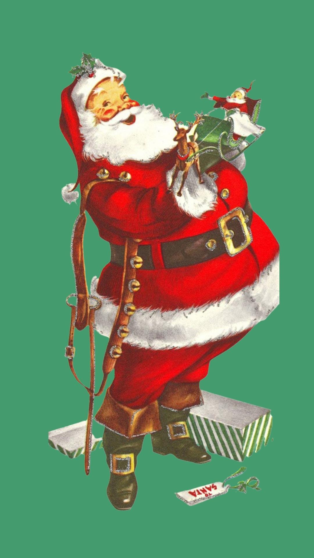 Vintage Santa Claus image used as a Christmas phone wallpaper background.