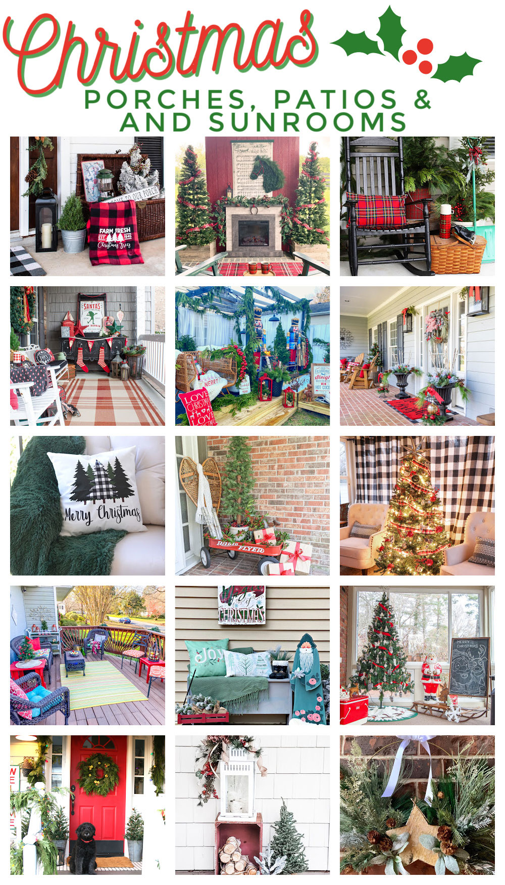 a collage of many porches decorated for Christmas
