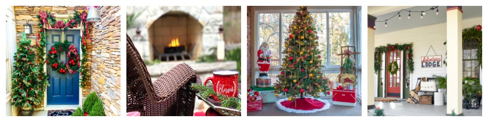 collage showing four porches decorated for Christmas