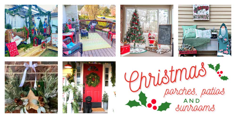 collage showing six different porches decorated for Christmas