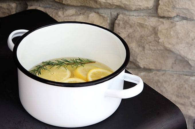 Lemon and rosemary potpourri simmering on the stove