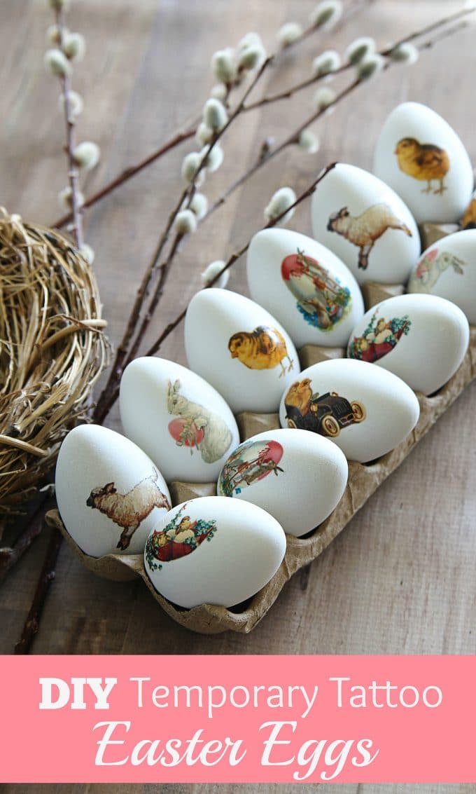 Easter eggs made easy with DIY temporary tattoos! Easy to follow tutorial and free printable vintage Easter images included. #eastercrafts #eastereggs #vintageinspired 