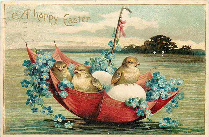 Vintage Easter images - printable Tuck postcard image - chicks floating in umbrella