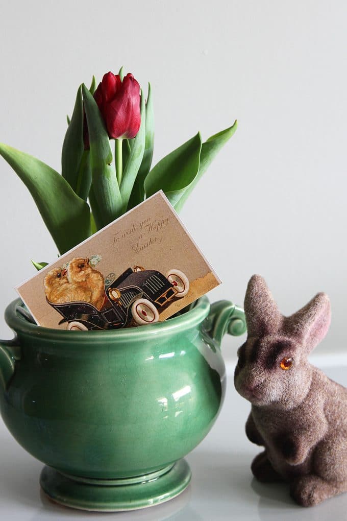 Vintage Easter postcard images tucked in flower pot