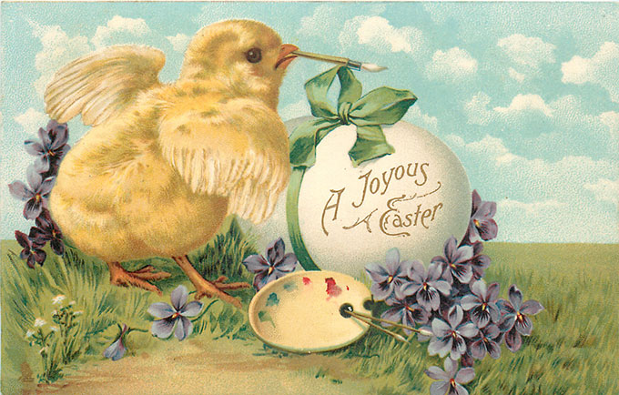 Vintage Easter images - printable Tuck postcard image - chick painting Easter egg