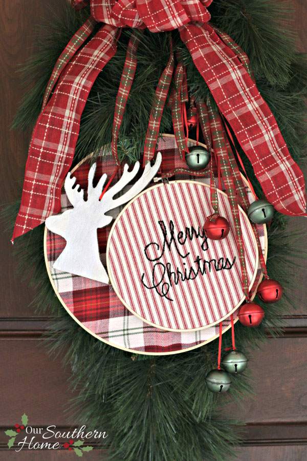 jingle bell and embroidery hoop Christmas door hanger