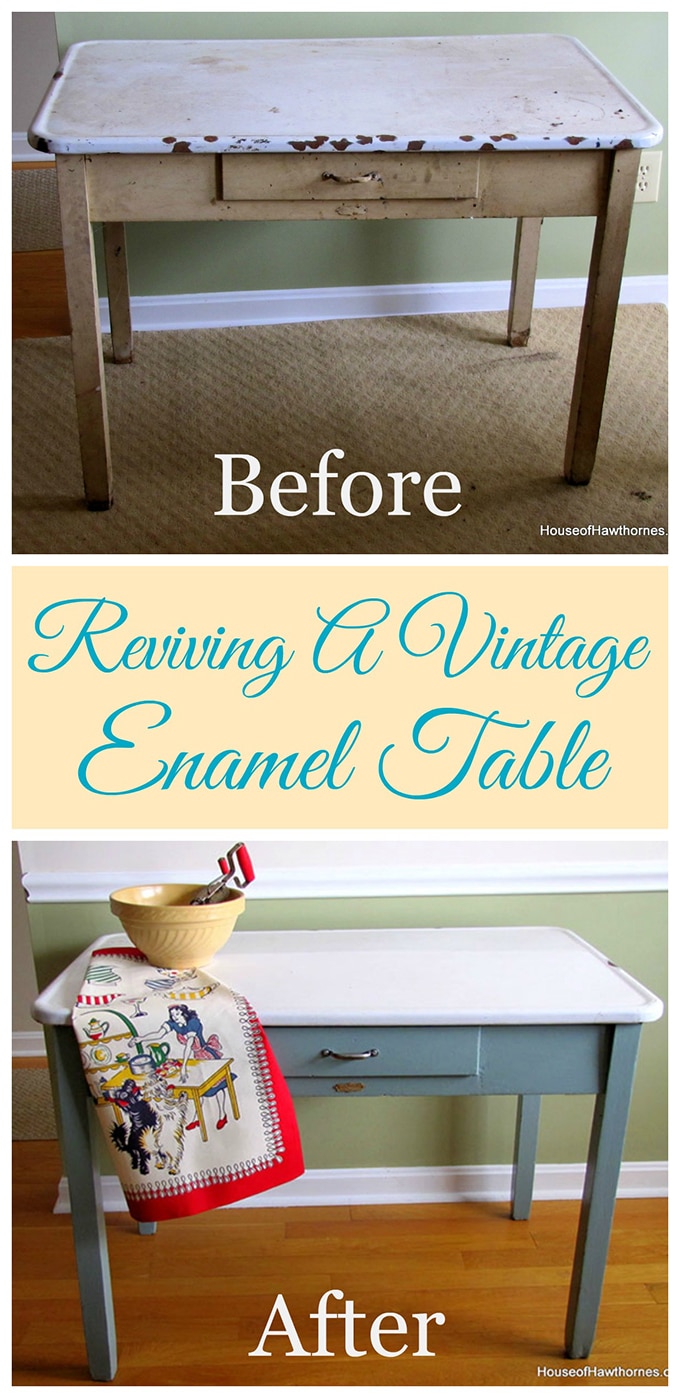 A DIY project with heart.  How I rescued and updated my mom's vintage enamel topped table.  It looked pretty grungy BEFORE, but the AFTER looks so much better :) 