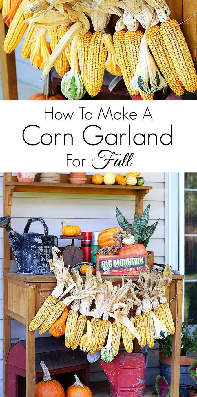 Learn how to make this harvest themed corn garland for fall decor. Great for both inside and outside fall decorations!