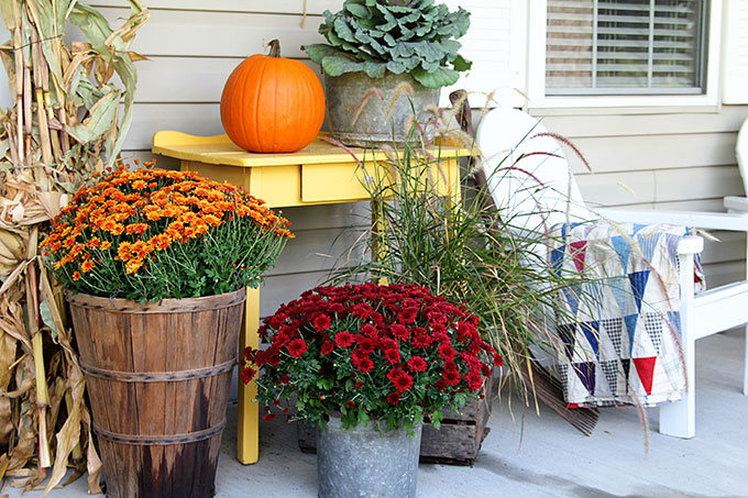 Mums and pumpkins for traditional fall porch decorating
