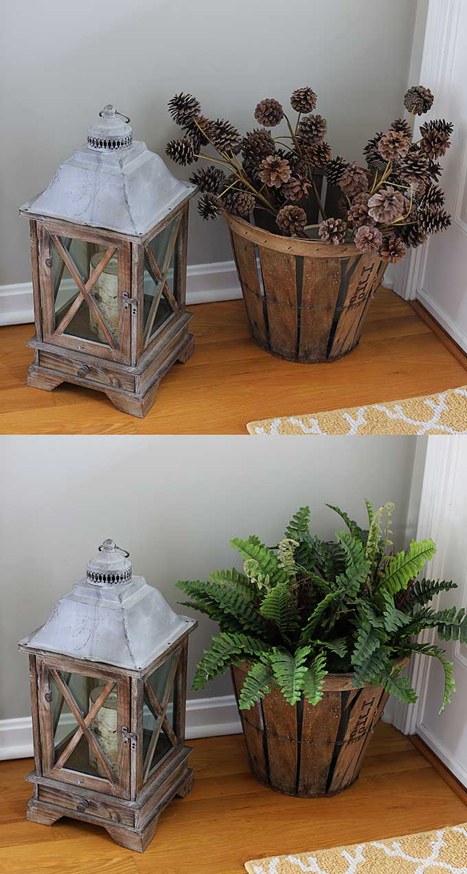 Switching out pinecones for ferns in spring home decor