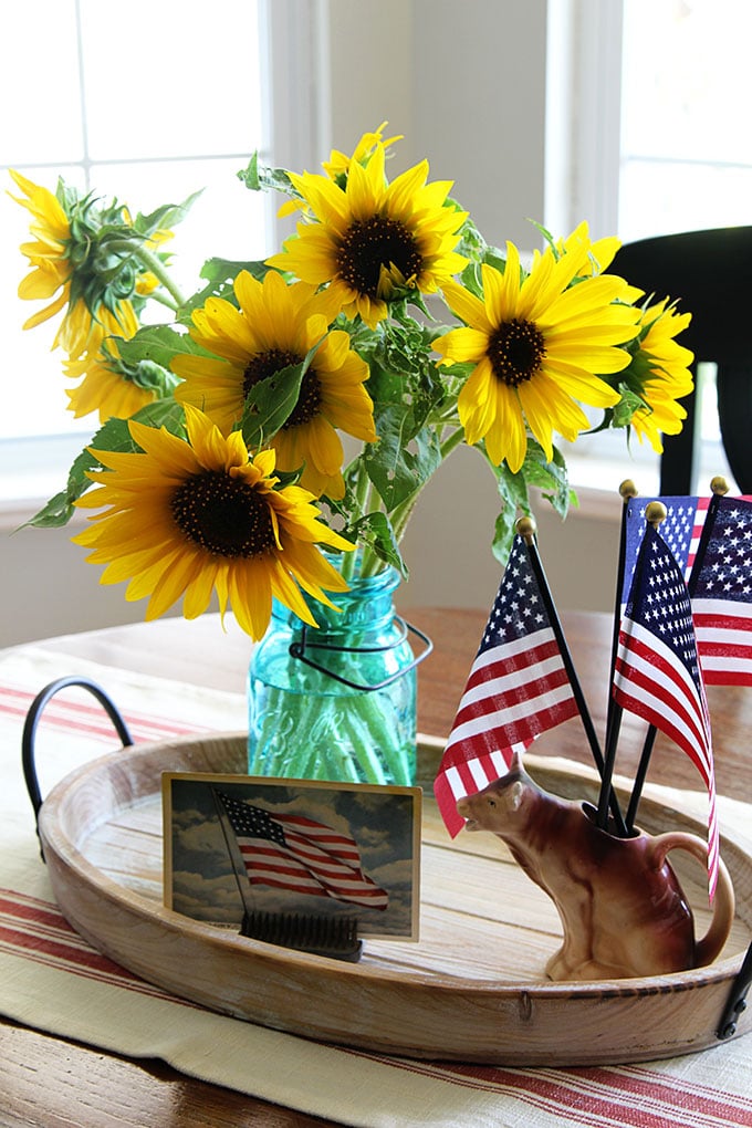 Sunflowers and flags used in a 4th of July display