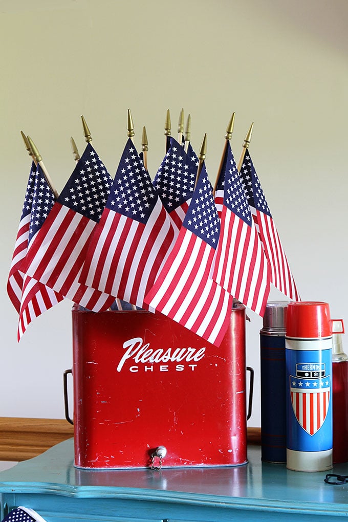 Vintage red Pleasure Chest with flags for 4th of July