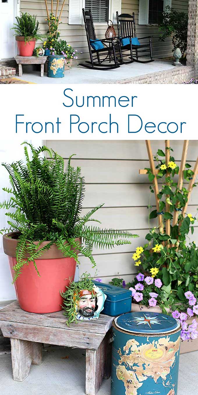 Boho styled summer front porch decor using thrift store finds