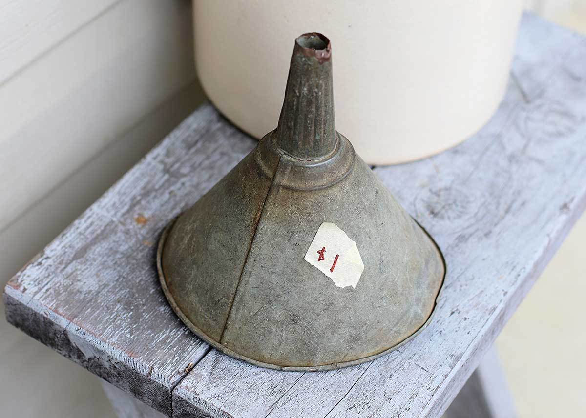 old galvanized funnel found at barn sale for a dollar