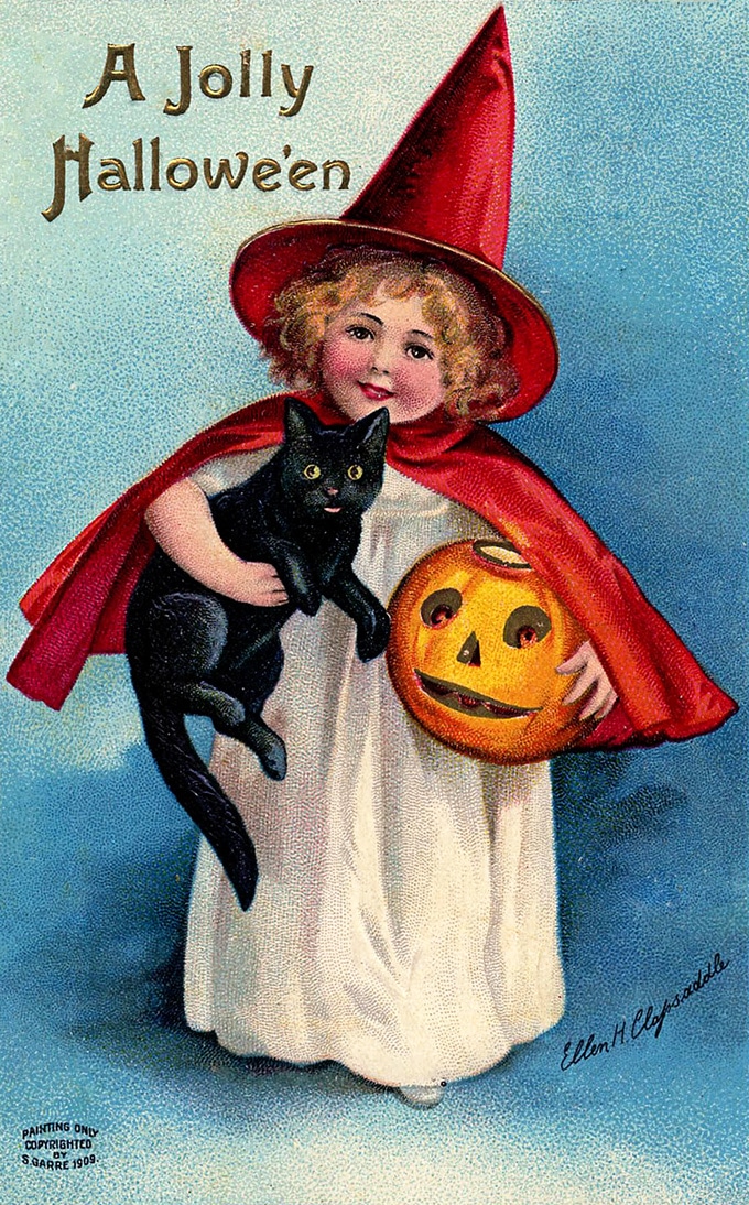 Vintage Clapsaddle Halloween postcard - little witch and black cat