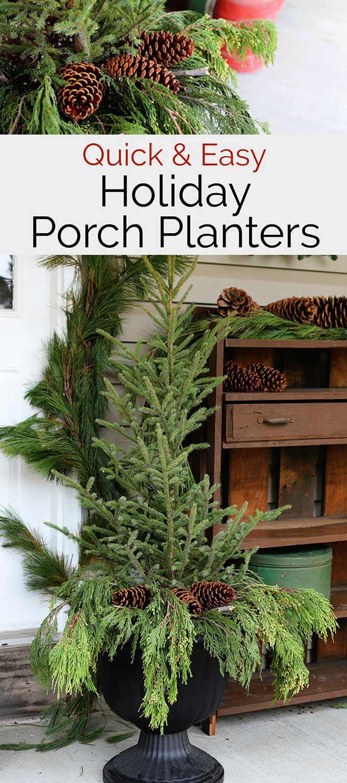 How to make holiday front porch planters the EASY way. Beautiful and classic yet so easy even a beginner DIYer can make these in no time at all. #porchdecor #christmas #christmasporch #winterdecor