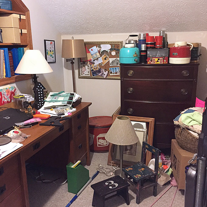 Messy office before organizing using the KonMari Method