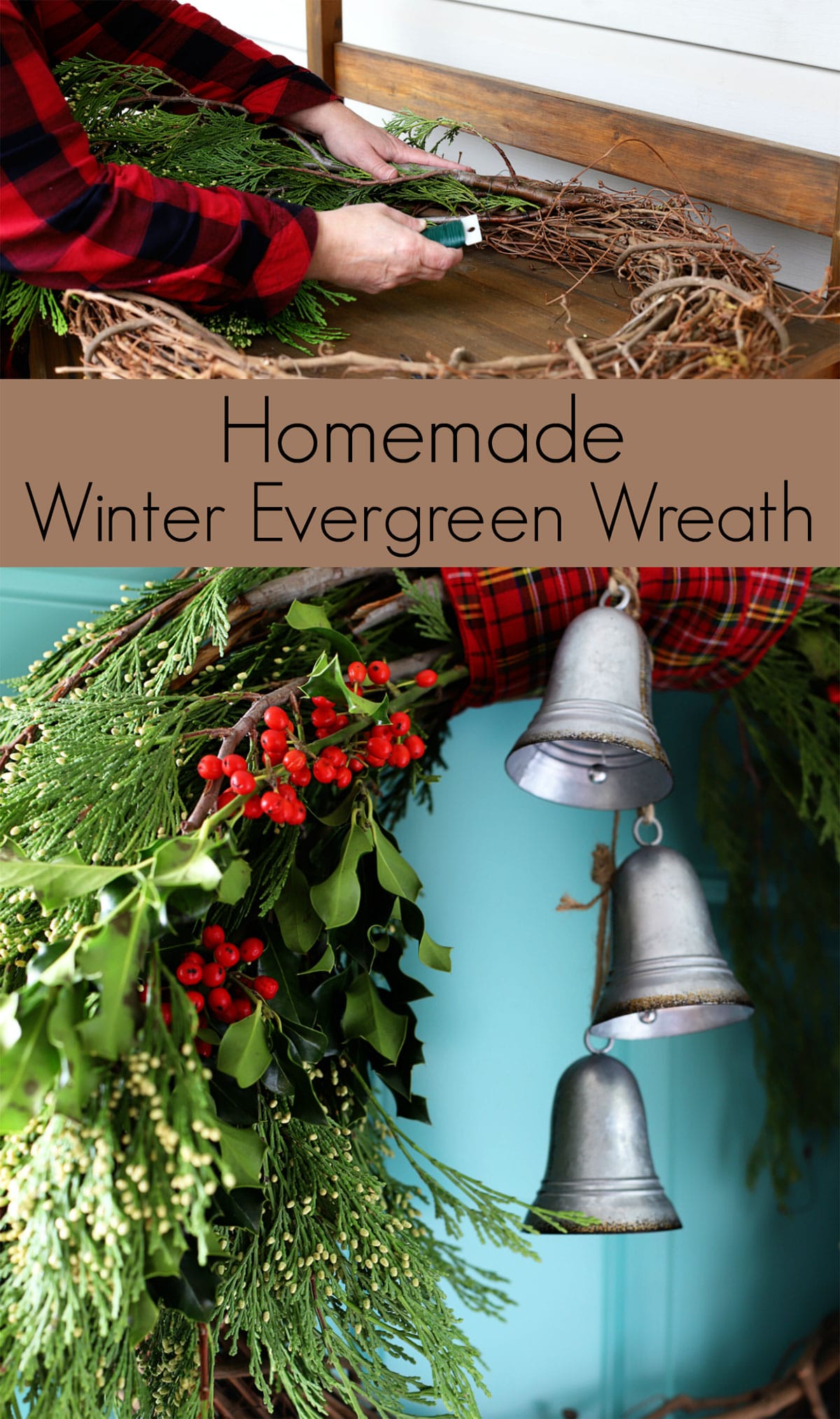 how to make a homemade winter wreath with cedar boughs, holly and bells