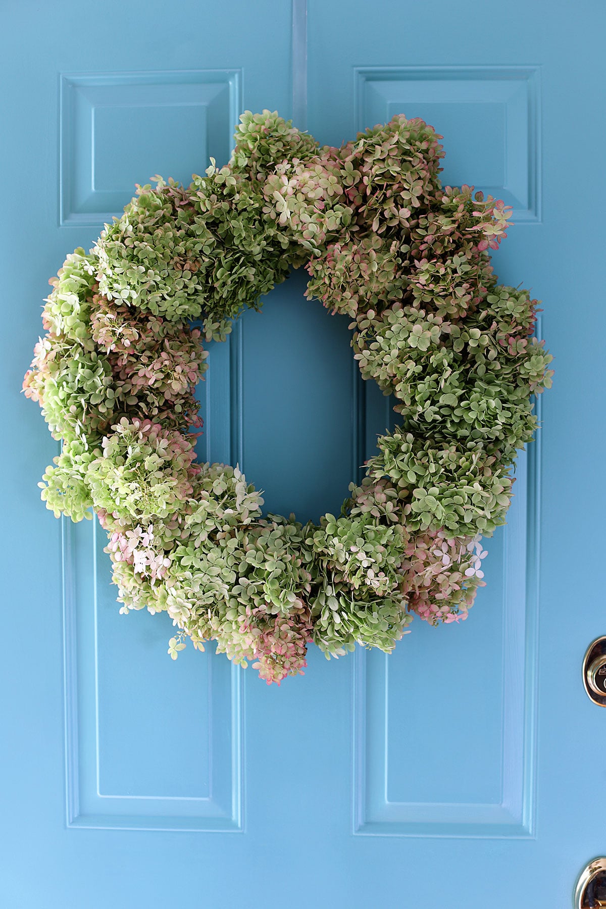 Beautiful hydrangea wreath on blue front door.