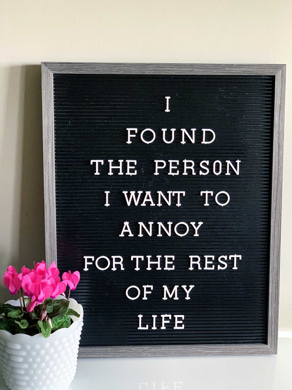Letter board with the saying - I found the person I want to annoy for the rest of my life.