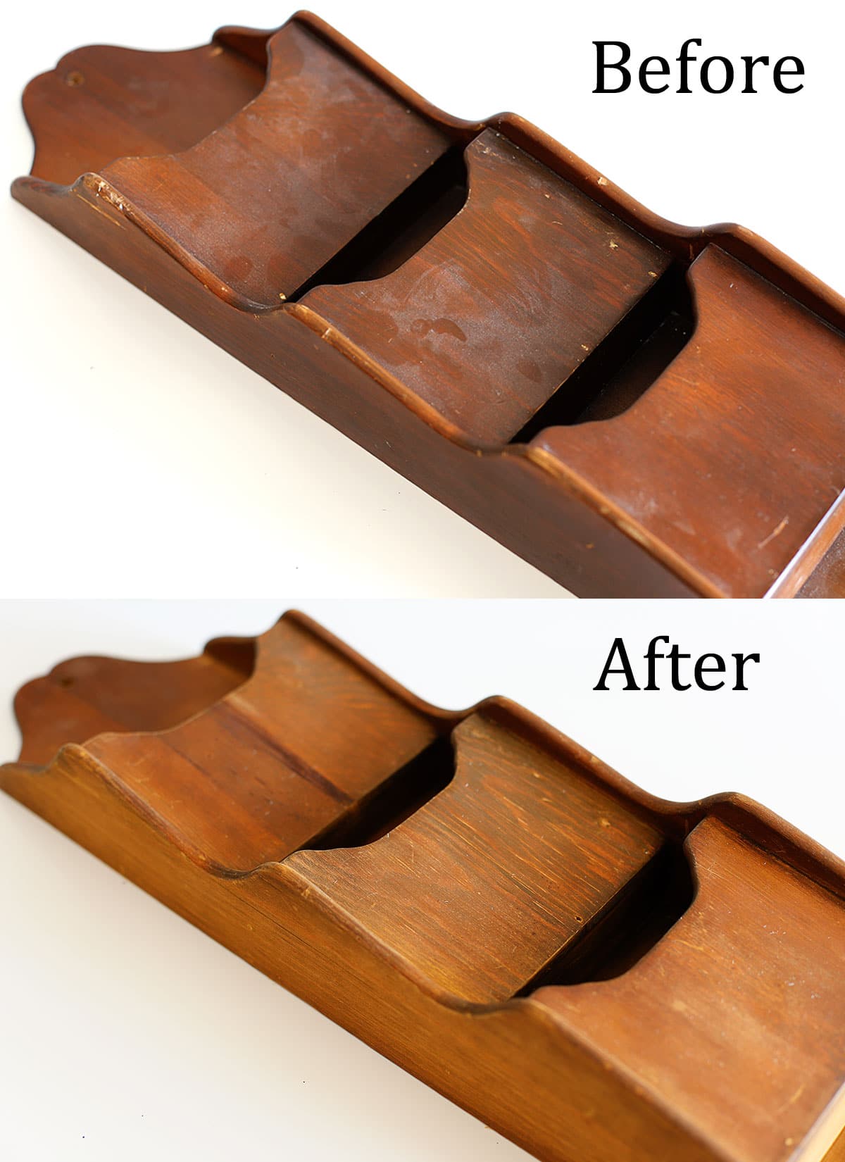 The difference between prior to using oven cleaner to strip wood and after.