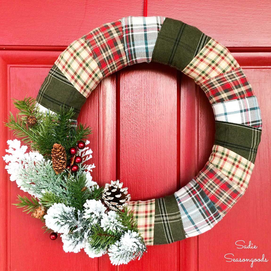 Plaid Christmas wreath made from recycled flannel shirts