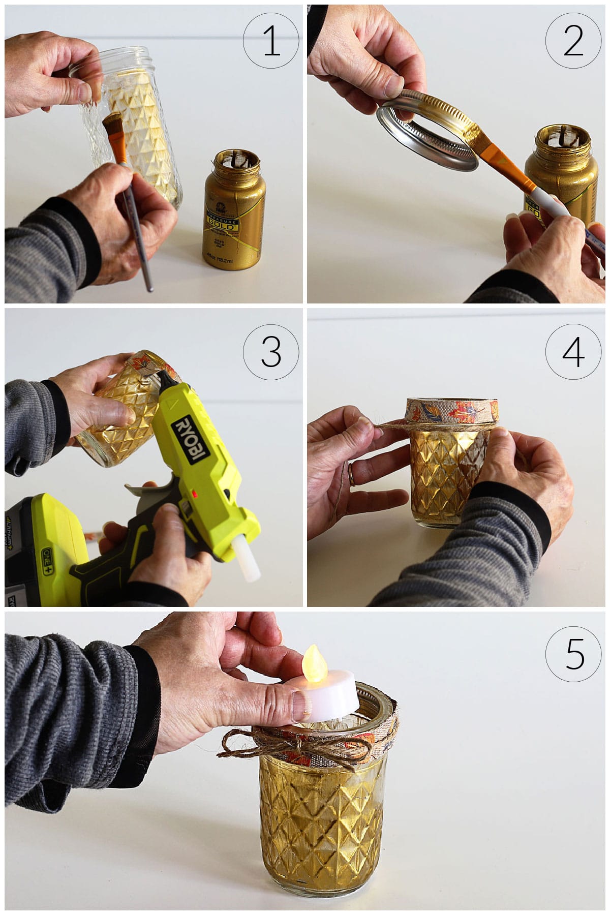Instructions on how to paint a Ball quilted mason jar to make a candle holder.