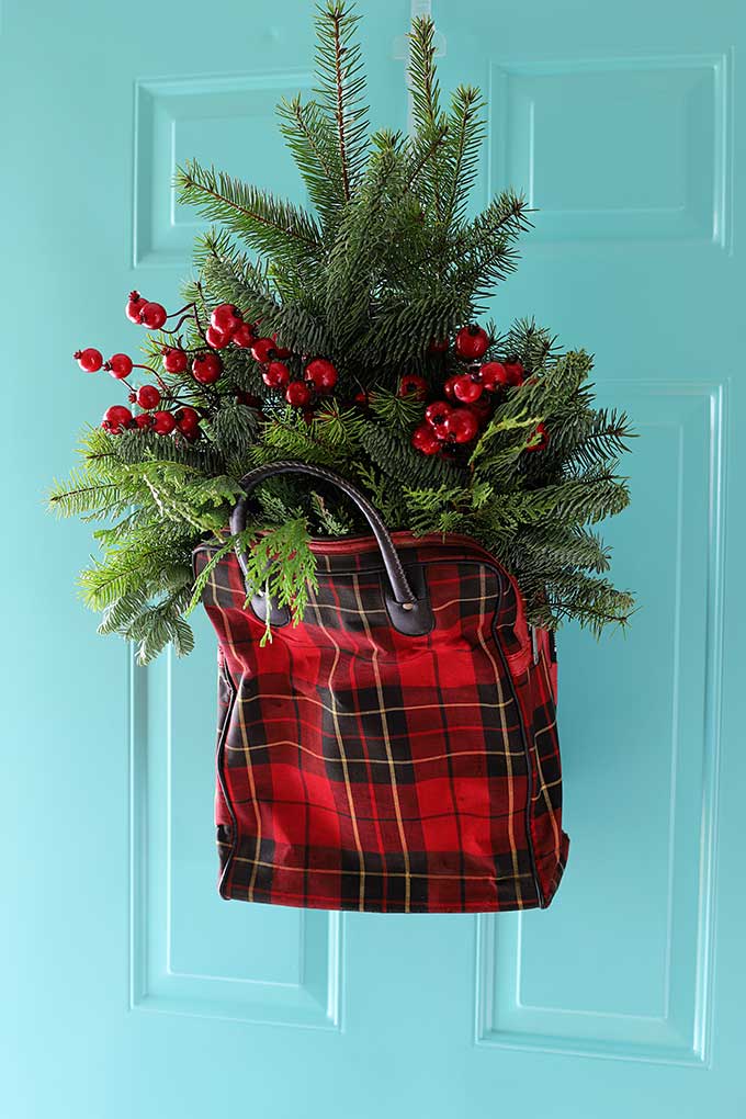 upcycled plaid Christmas door hanger