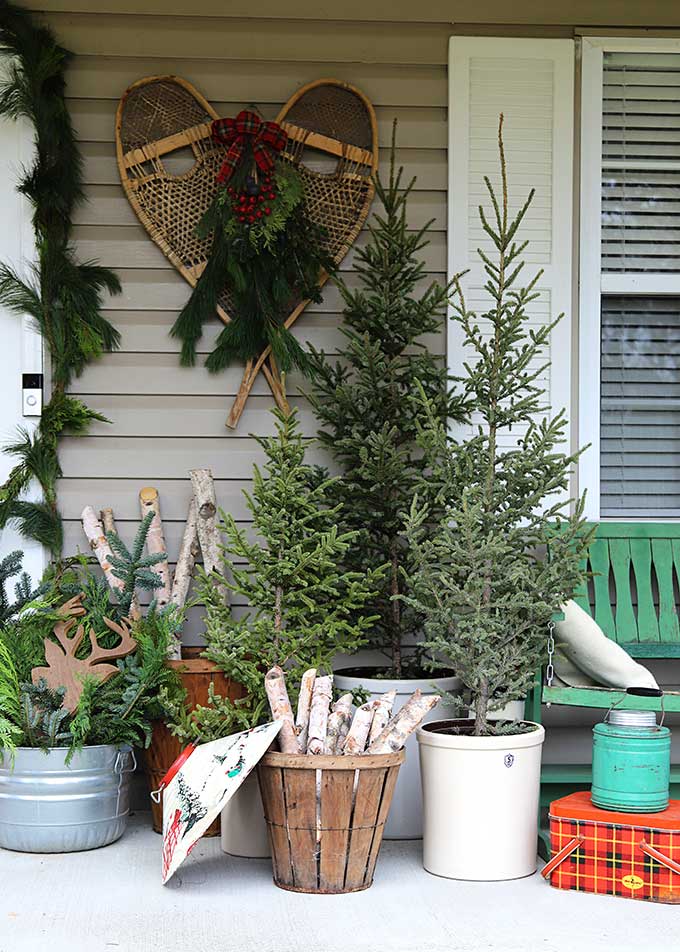 Snowshoes, birch logs and lots of natural decor creates a vintage lodge inspired Christmas porch
