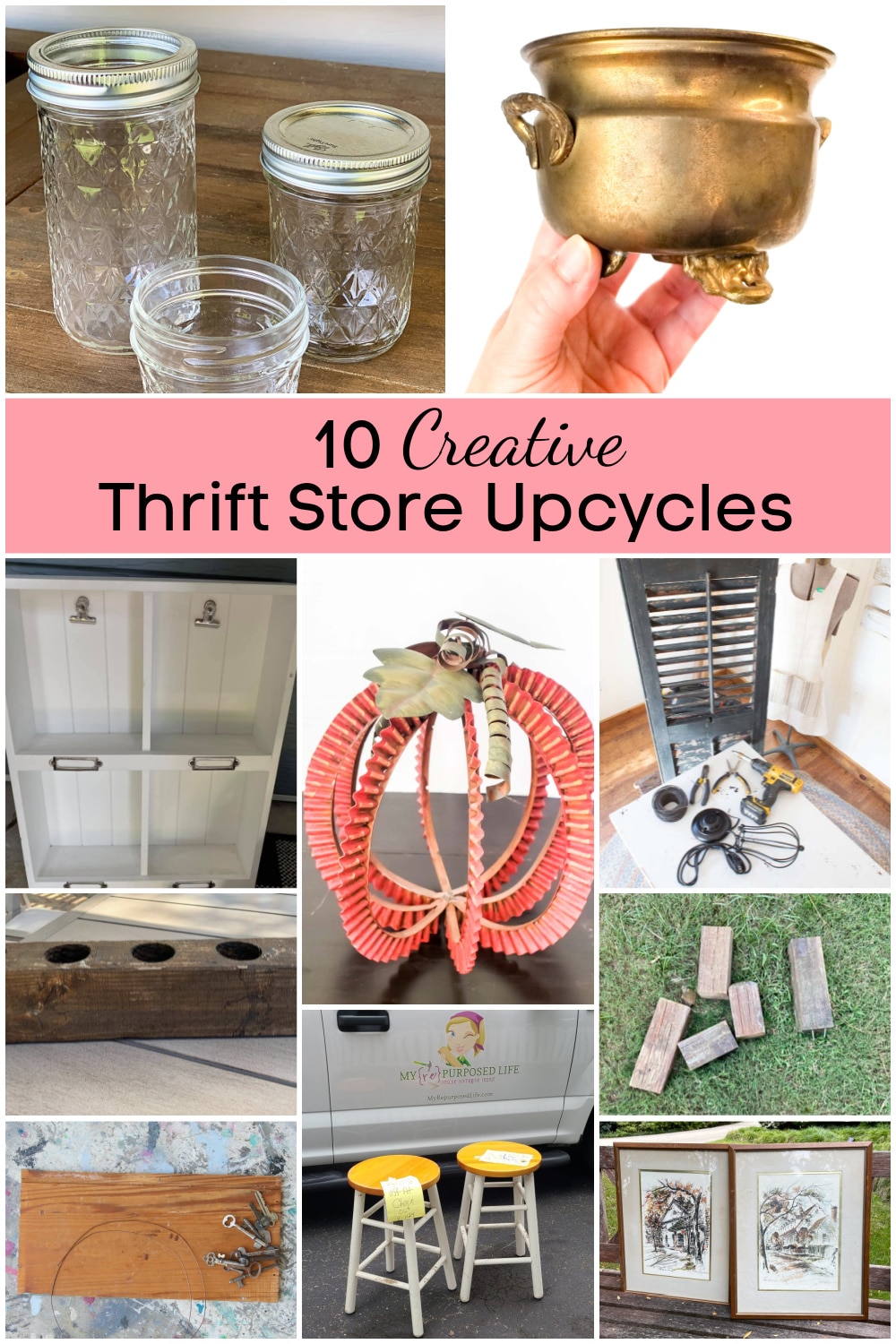Collage photo of beforephotos of 10 thrift store upcycling.
