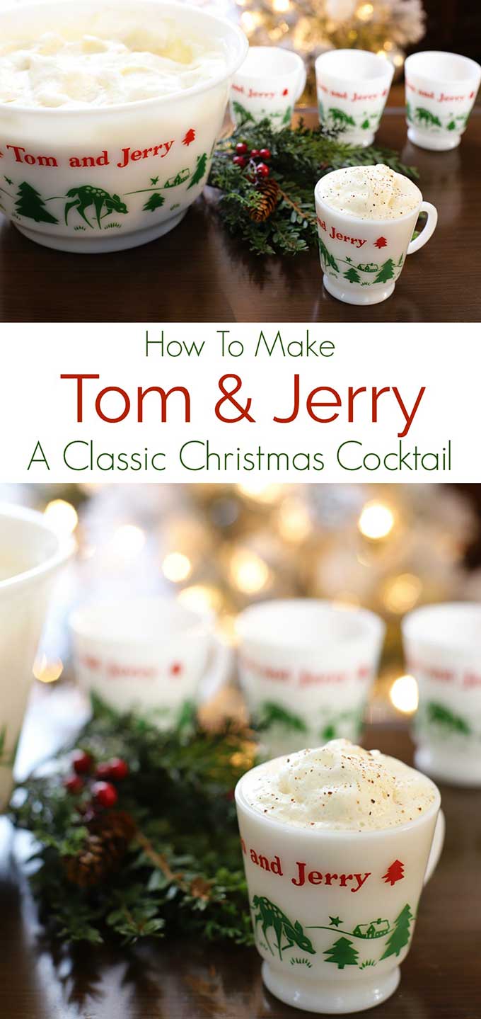 Learn how to make a Tom And Jerry drink, a classic holiday cocktail. Recipe for the traditional Tom And Jerry batter and instructions for mixing this festive holiday drink included. #christmascocktails #christmascocktailsrecipes #cocktailrecipes #christmas #recipes #drinks #drinkrecipes #tomandjerry #rum