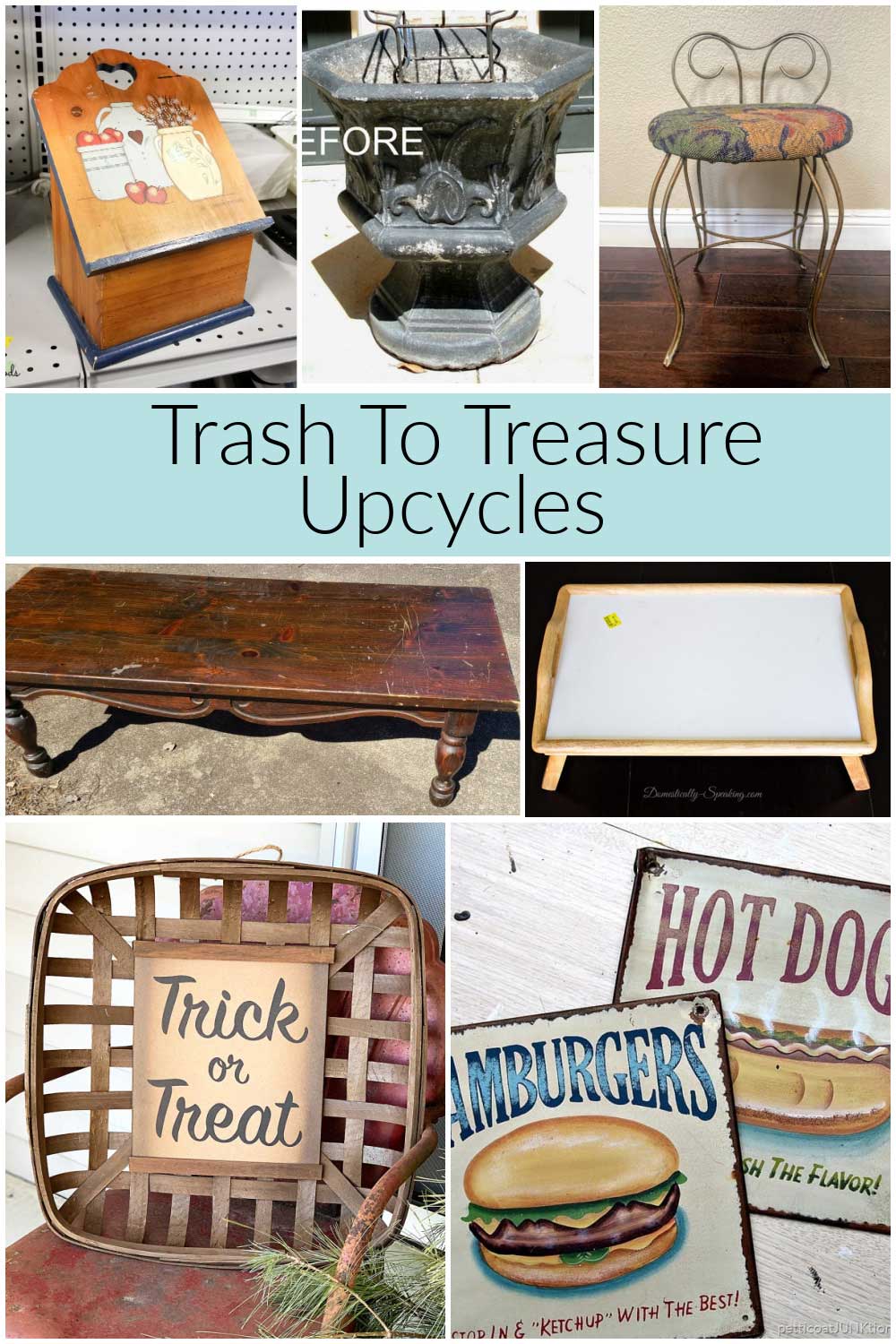 photo showing before images of trash to treasure upcycles