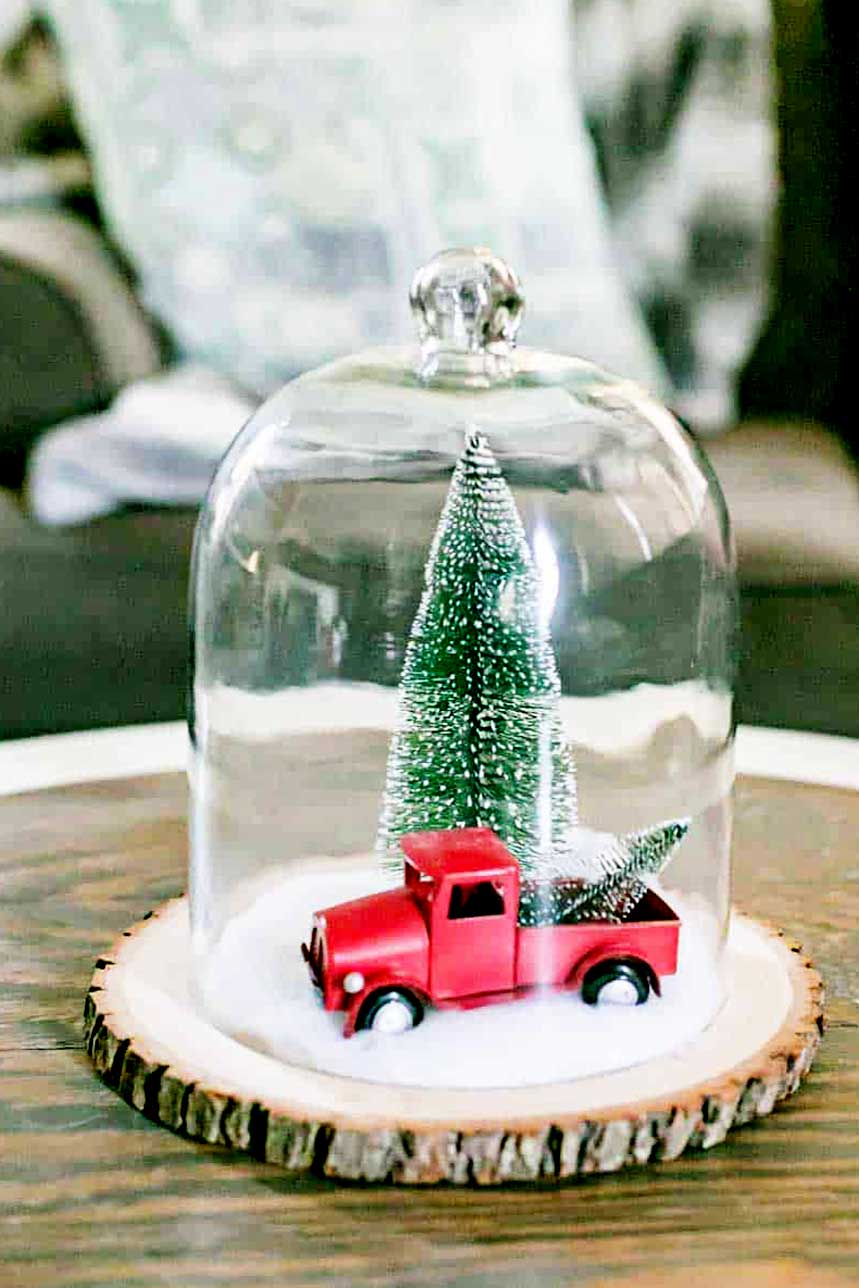 upcycled cloche with red truck winter scene