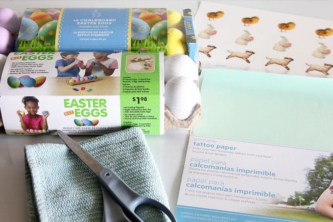 Supplies for making temporary tattoo Easter eggs