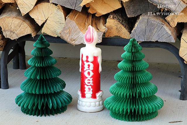 Noel candle blow mold and vintage honeycomb tissue paper Christmas trees