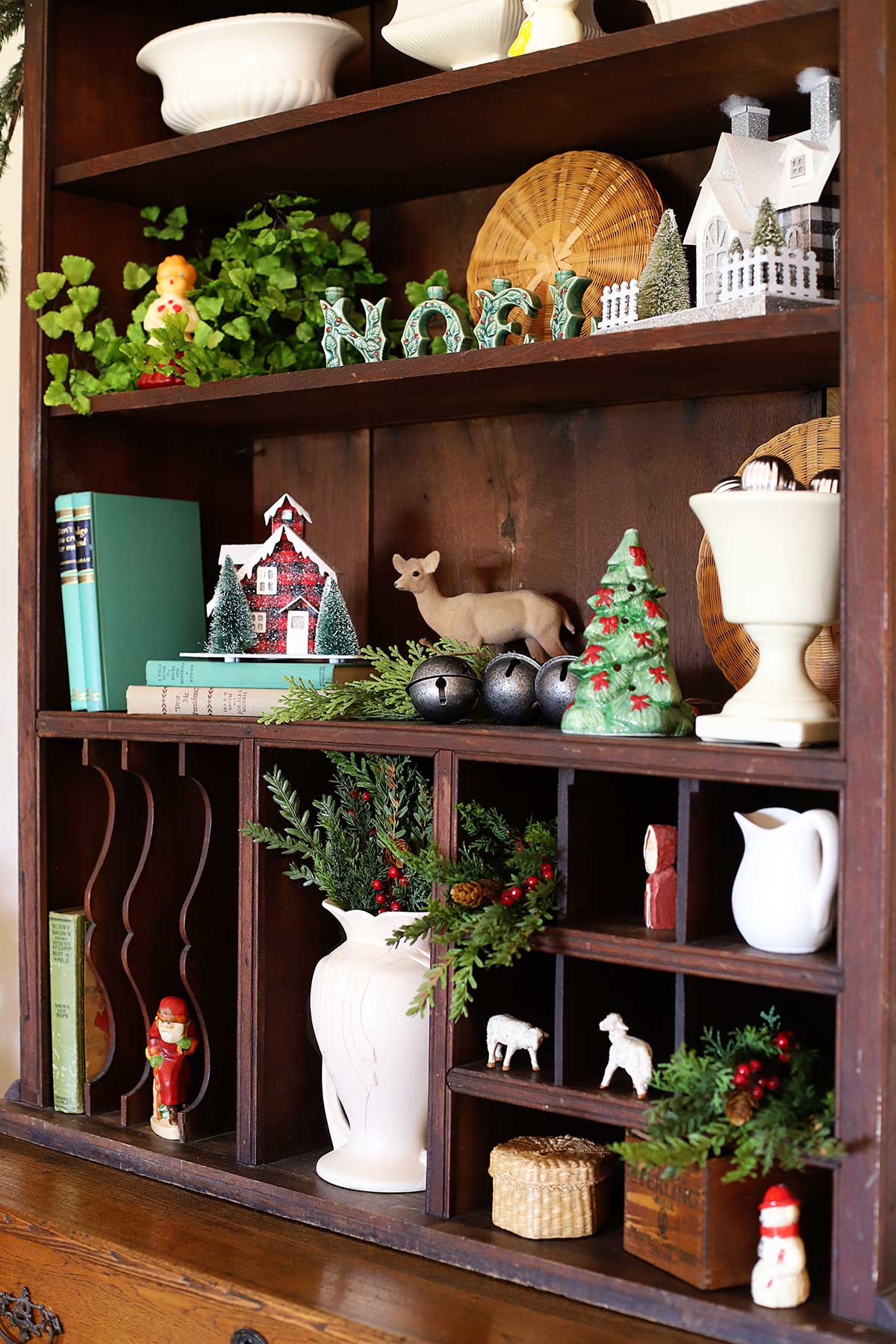 decorating the hutch with vintage Christmas decor