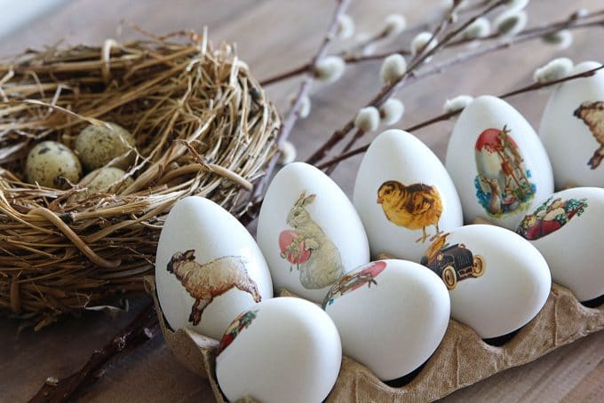 Easter eggs made easy with DIY temporary tattoos! Easy to follow tutorial and free printable vintage Easter images included.