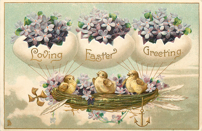 Vintage Easter images - printable Tuck postcard image - chicks flying in nest