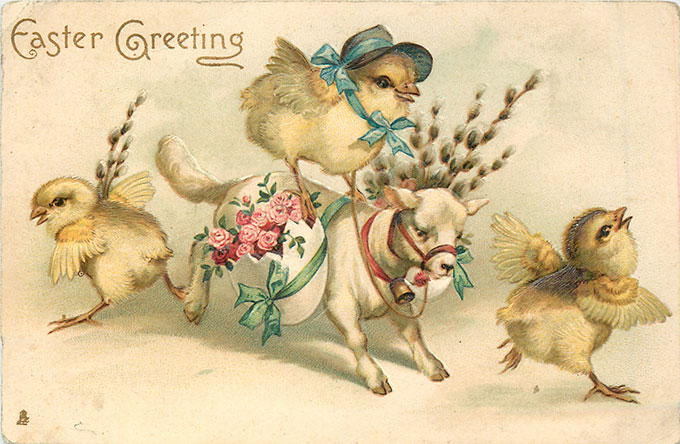 Vintage Easter images - printable Tuck postcard image - chicks on lamb