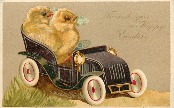 Vintage Easter images - printable Tuck postcard image - chicks driving car