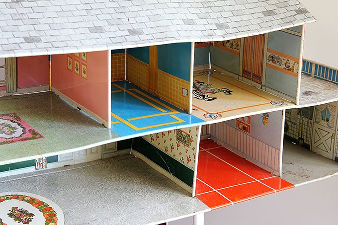 Interior of tin dollhouse
