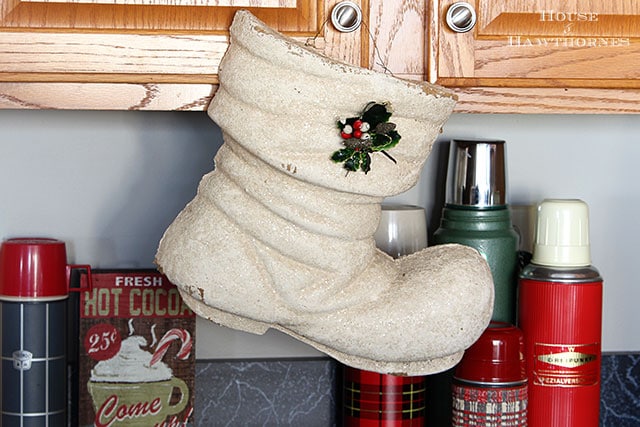 Vintage white paper mache hanging Christmas boot with glitter on it 