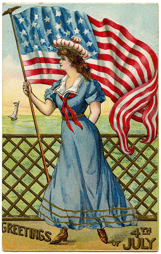 Vintage patriotic 4th Of July postcard of lady holding flag.