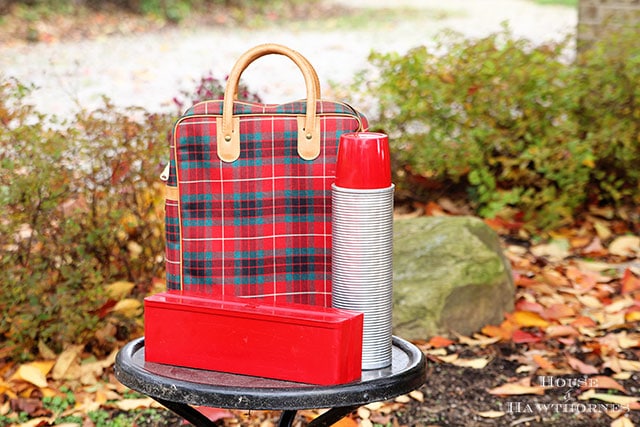Vintage red plaid Thermos brand stadium or picnic set - comes with a thermos and sandwich box