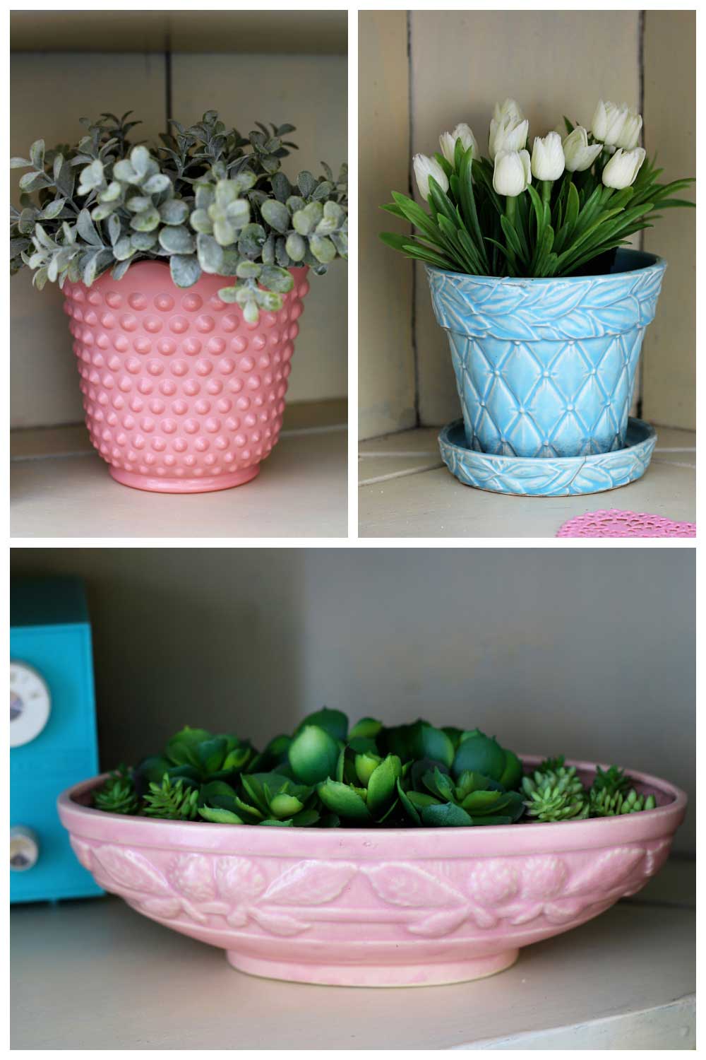 vintage pink hobnail Fire-King planter, blue diamond leaf quilted McCoy planter and pink McCoy berries planter