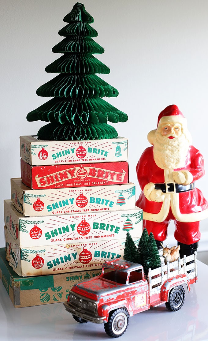 Shiny Brite boxes stacked for Christmas decor